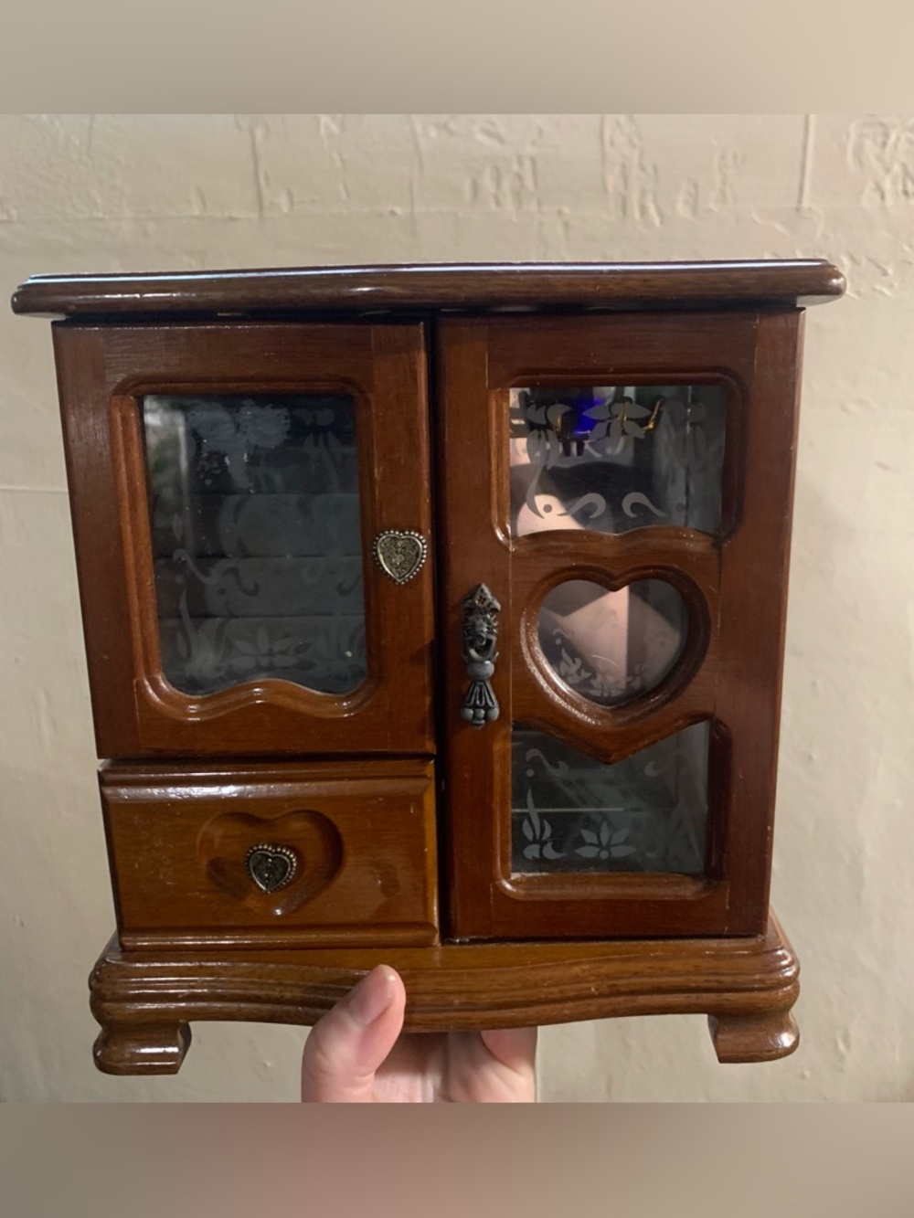 Vintage Wooden Heart Jewelry Box with Glass Doors, Drawers, Floral Etching